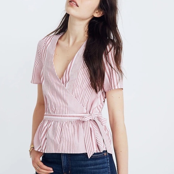 Madewell Ruffle-Hem Wrap Top in Stripe Mix Deep Crimson | Size XS - Picture 1 of 14